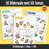 Blokkiesraaisels met verskillende temas om woordeskat uit te brei, waar leerders met prente en ’n woordbank werk vir ondersteuning.