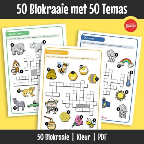 Blokkiesraaisels met verskillende temas om woordeskat uit te brei, waar leerders met prente en ’n woordbank werk vir ondersteuning.