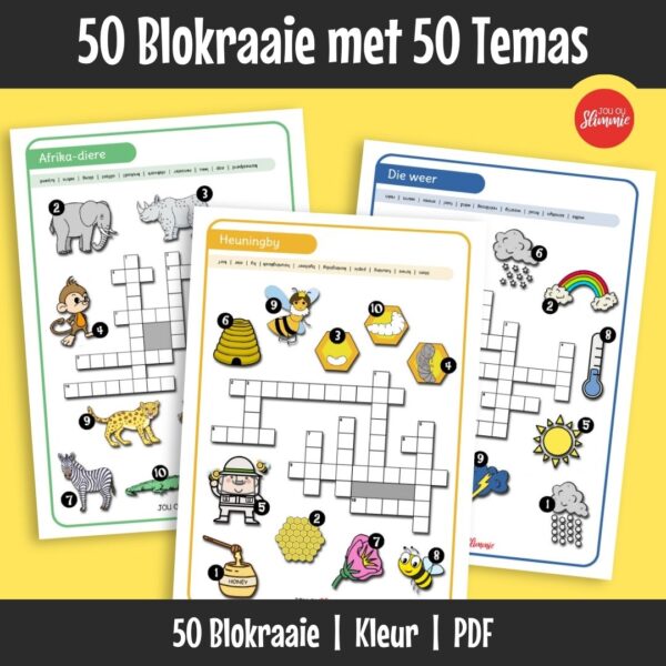 Blokkiesraaisels met verskillende temas om woordeskat uit te brei, waar leerders met prente en ’n woordbank werk vir ondersteuning.