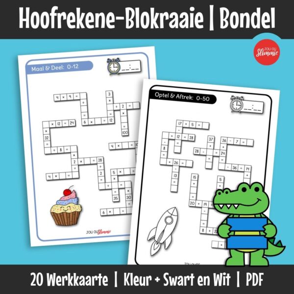 ’n Bondel wiskunde-blokraaie wat optel-, aftrek-, maal- en deelvaardighede op ’n prettige manier inoefen. Leerders los somme op en gebruik probleemoplossing om die blokraaie te voltooi.
