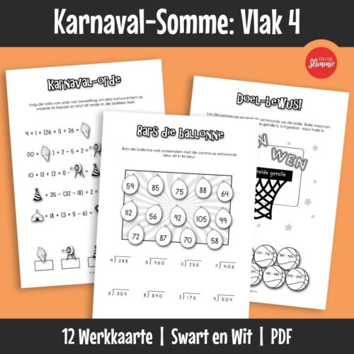 ’n Wiskunde-aktiwiteitsboekie met ’n prettige karnaval-tema. Dit kan gebruik word vir inoefening, verryking en hersiening van basiese wiskundevaardighede en dek hoofsaaklik Graad 4 werk.