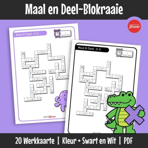 ’n Versameling wiskunde-blokraaie wat maal- en deeltafels op ’n prettige manier inoefen. Leerders los somme op en gebruik probleemoplossing om die blokraaie te voltooi.