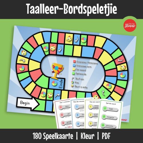 ’n Taalleer-bordspeletjie waar leerders taalvaardighede oefen deur verskillende vrae te beantwoord. Leerders kies die moeilikheidsgraad en leer deur spel en strategie.