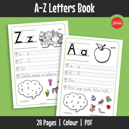 A handwriting workbook that helps learners practise writing both uppercase and lowercase letters of the alphabet from A–Z.