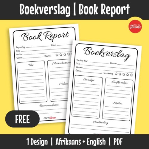 A book report template designed to help learners organise and reflect on their reading. It supports early reading comprehension and introduces structured writing through guided prompts.