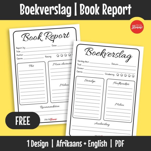 A book report template designed to help learners organise and reflect on their reading. It supports early reading comprehension and introduces structured writing through guided prompts.