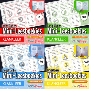 Mini-Leesboekies wat fokus op middelklanke: Kort klanke, lang klanke, tweeklanke en drieklanke. Ideaal vir klankleer en lees. (Aflaaibare PDFs)