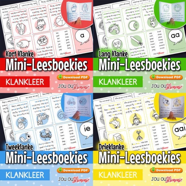 Mini-Leesboekies wat fokus op middelklanke: Kort klanke, lang klanke, tweeklanke en drieklanke. Ideaal vir klankleer en lees.