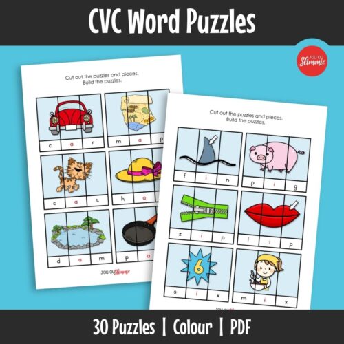 Puzzles that strengthen early reading by building 3-letter words with letter pieces. The correct word forms a picture.