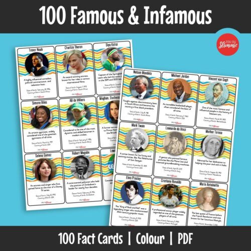 This set of fact cards covers 100 well-known and infamous people from around the world. Learners explore key facts through short profiles and use the cards for simple knowledge-based activities and games.