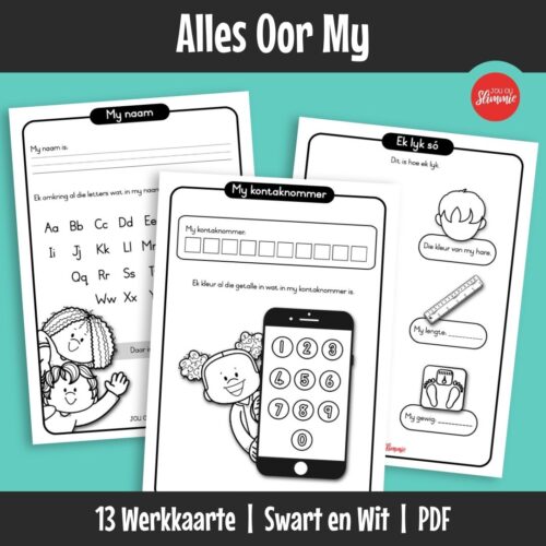 ’n Werkboekie waar kinders oor hulself leer deur eenvoudige, visuele aktiwiteite. Leerders voltooi bladsye oor identiteit, familie en persoonlike inligting.