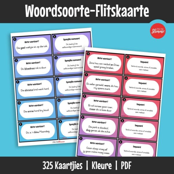 Woordsoorte help kinders om te verstaan hoe woorde in verskillende groepe werk. Met hierdie flitskaarte kan kinders woordsoorte op ’n eenvoudige en gestruktureerde manier oefen.