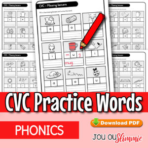 A set of 10 worksheets to practice the beginning and ending sounds of 90 CVC words. (Downloadable PDF)