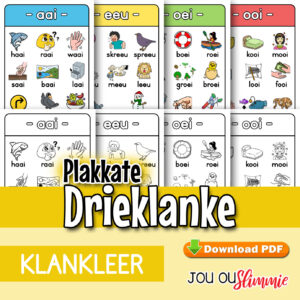 ‘n Stel van vier A4-grootte plakkate – een vir elke drieklank-kombinasie (aai, eeu, oei, ooi). Volkleur en wit-en-swart. (Aflaaibare PDF)