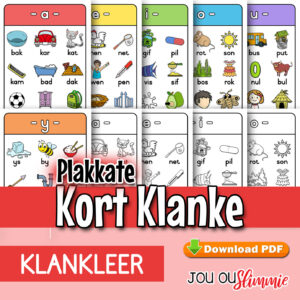 ‘n Stel van 6 A4-grootte plakkate – een vir elke kort klank (a, e, i, o, u asook y). Volkleur en wit-en-swart. (Aflaaibare PDF)