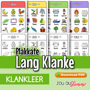 ‘n Stel van 4 A4-grootte plakkate – een vir elke lang klank (aa, ee, oo, uu). Volkleur en wit-en-swart. (Aflaaibare PDF)