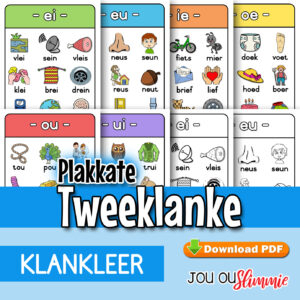 ‘n Stel van ses A4-grootte plakkate – een vir elke tweeklank-kombinasie (ei, ie, eu, oe, ou, ui). Volkleur en wit-en-swart. (Aflaaibare PDF)