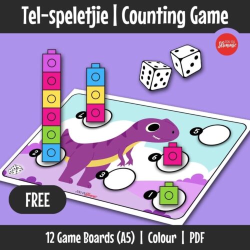Tel-speletjie Counting Game A fun dinosaur counting game for practising number recognition and counting up to 12 through hands-on play. Learners throw dice, build towers with blocks to strengthen early maths skills.