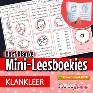 ‘n Stel van 6 klein, voubare mini-leesboekies wat op kort klanke (a, e, i, o, u asook y) fokus. Die boekies bied ekstra leesoefening en is ideaal vir dekodering. (Aflaaibare PDF)
