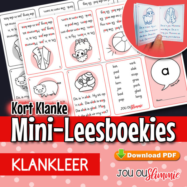 Mini-Leesboekies wat elkeen fokus op een kort klank.