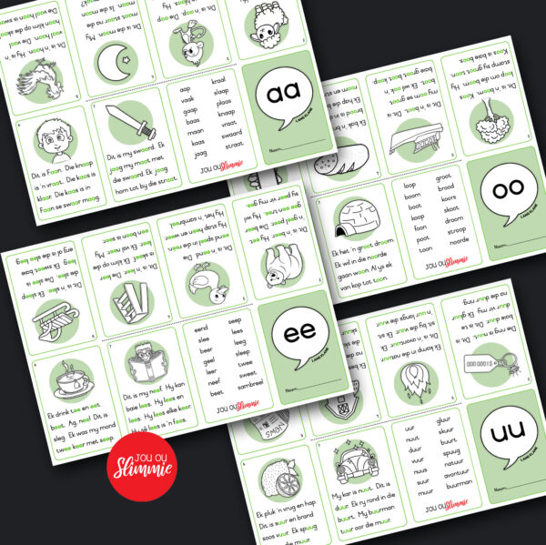 Mini-Leesboekies wat elkeen fokus op een lang klank.