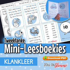 ‘n Stel van 6 klein, voubare mini-leesboekies wat op tweeklanke (ei, eu, ie, oe, ou, ui) fokus. Die boekies bied ekstra leesoefening en is ideaal vir dekodering. (Aflaaibare PDF)
