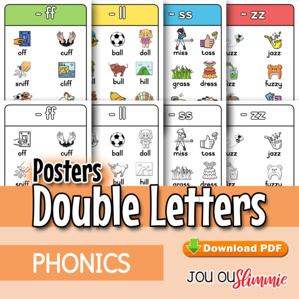 An A4 poster set of 4 double-letter combinations (ff, ll, ss, zz), with full-colour and black-and-white versions. (Downloadable PDF)
