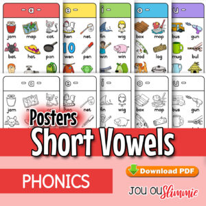 Five A4 posters focusing on short vowel sounds (a, e, i, o, u), in full colour and black-and-white. (Downloadable PDF)