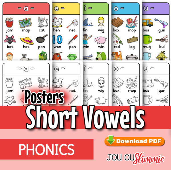 Five A4 posters focusing on short vowel sounds (a, e, i, o, u), in full colour and black-and-white. (Downloadable PDF)