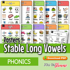 A set of posters that covers stable long vowel sounds — predictable, consistent long vowels taught early in phonics. Full-colour and black-and-white versions. (Downloadable PDF)