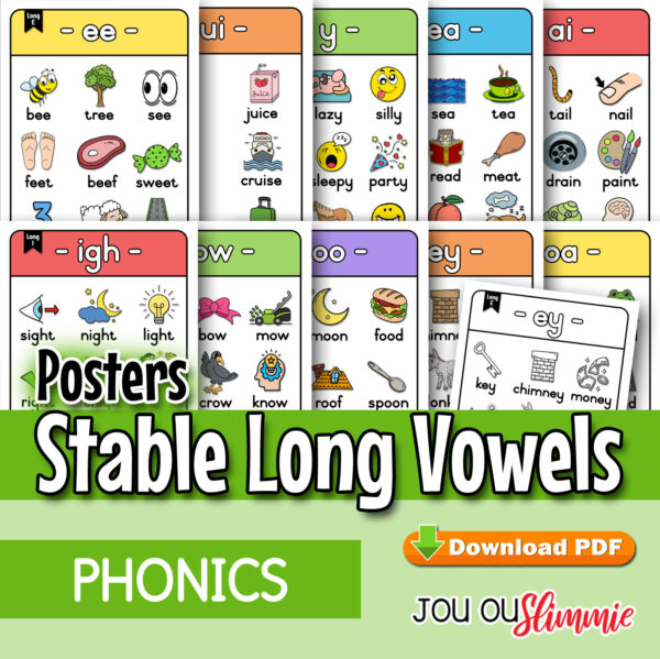A set of posters that covers stable long vowel sounds — predictable, consistent long vowels taught early in phonics. Full-colour and black-and-white versions. (Downloadable PDF)