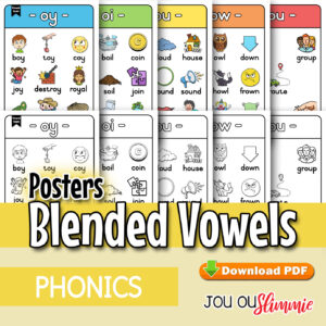 An A4 poster set of 5 blended vowels, with full-colour and black-and-white versions. (Downloadable PDF)