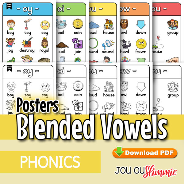 An A4 poster set of 5 blended vowels, with full-colour and black-and-white versions. (Downloadable PDF)