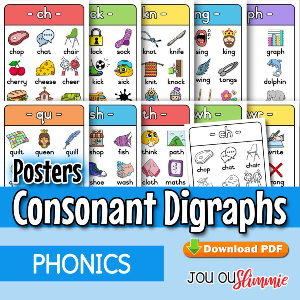 An A4 poster set of 10 consonant digraph combinations, with full-colour and black-and-white versions. (Downloadable PDF)