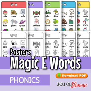 An A4 poster set of 5 magic e combinations, with full-colour and black-and-white versions. (Downloadable PDF)