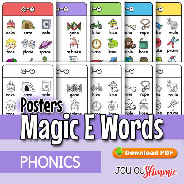 An A4 poster set of 5 magic e combinations, with full-colour and black-and-white versions. (Downloadable PDF)