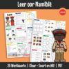 Ontdek Namibië – ’n land bekend vir sy ongerepte woestyne, rooi duine en diverse wildlewe. Werk met kaarte, simbole, diere, historiese en interessante feite om die land beter te verstaan.