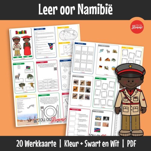 Ontdek Namibië – ’n land bekend vir sy ongerepte woestyne, rooi duine en diverse wildlewe. Werk met kaarte, simbole, diere, historiese en interessante feite om die land beter te verstaan.