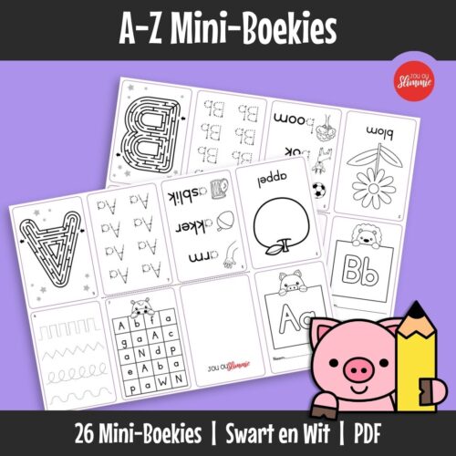 Hierdie alfabet mini-boekies maak die leer van letters eenvoudig en prakties. Elke boekie fokus op een letter met aktiwiteite vir herkenning, skryf en fyn motoriese oefening.