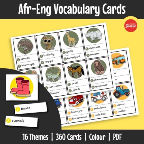 Bilingual vocabulary cards that help children build and expand their word knowledge in both Afrikaans and English. Learners match pictures with words to strengthen understanding and language growth.