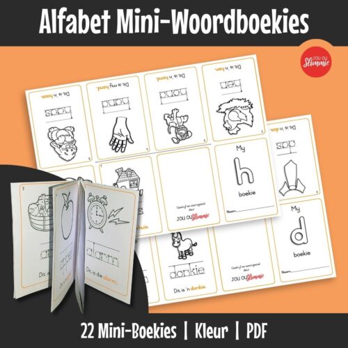 ’n Stel klein, voubare leesboekies wat vroeë lees en skryf ondersteun deur alfabet (begin klanke) te oefen.
