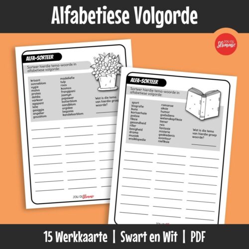 Hierdie werkkaarte help kinders om woorde in alfabetiese volgorde te rangskik terwyl spelling en tema-gebaseerde woordeskat versterk word.