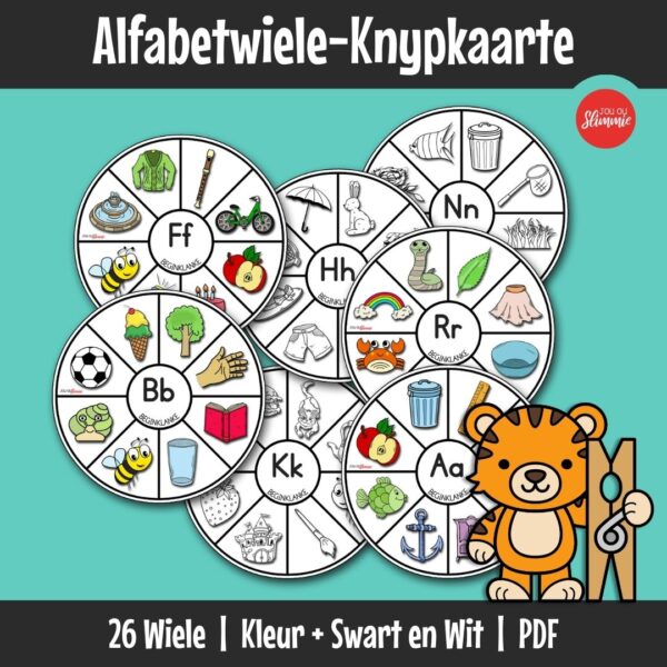 Hierdie knypkaartstel ondersteun letter- en klankherkenning deur interaktiewe alfabetwiele. Leerders gebruik wasgoedpennetjies om letters met beginklanke te verbind.