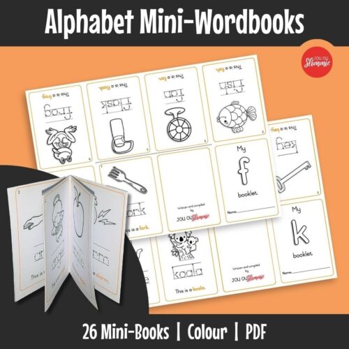 A set of small, foldable mini reading booklets designed to support early reading and writing through alphabet (beginning sound) practice.