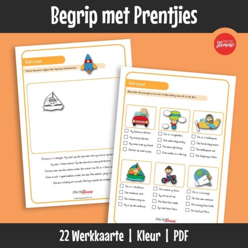 ’n Stel begripswerkkaarte vir beginners wat kort tekste met visuele elemente kombineer. Leerders lees, interpreteer beelde en voltooi eenvoudige begripsvrae.