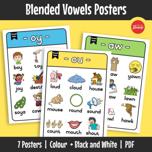 Blended vowel posters covering key vowel combination patterns for phonics support. Learners identify and compare vowel blends using visual word examples.