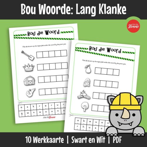 Hierdie knip-en-plak werkkaartstel om woorde met lang klanke te bou. Leerders vorm woorde deur letters te knip en te plak om by prente te pas.