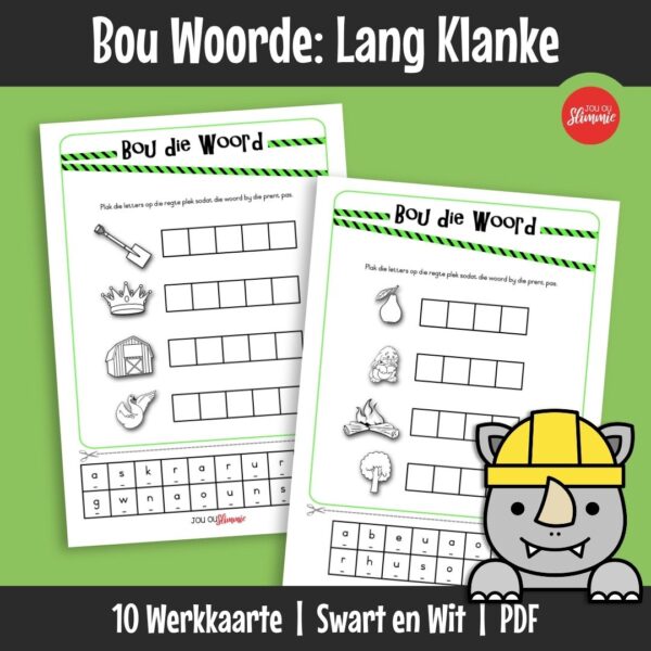 Hierdie knip-en-plak werkkaartstel om woorde met lang klanke te bou. Leerders vorm woorde deur letters te knip en te plak om by prente te pas.