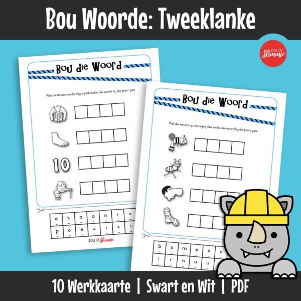 Hierdie knip-en-plak werkkaartstel om woorde met tweeklanke te bou. Leerders vorm woorde deur letters te knip en te plak om by prente te pas.