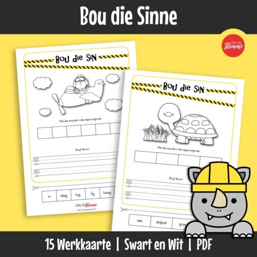 ’n Knip-en-plak werkboek wat leerders help om sinstruktuur te verstaan deur eenvoudige sinne te bou en te skryf.